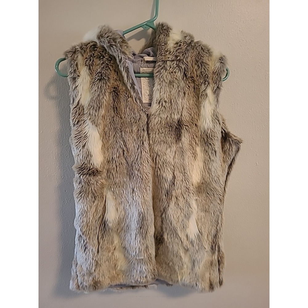 Aeropostale Faux Fur Hooded Vest  Pockets‎ Juniors Med Cream Gray
